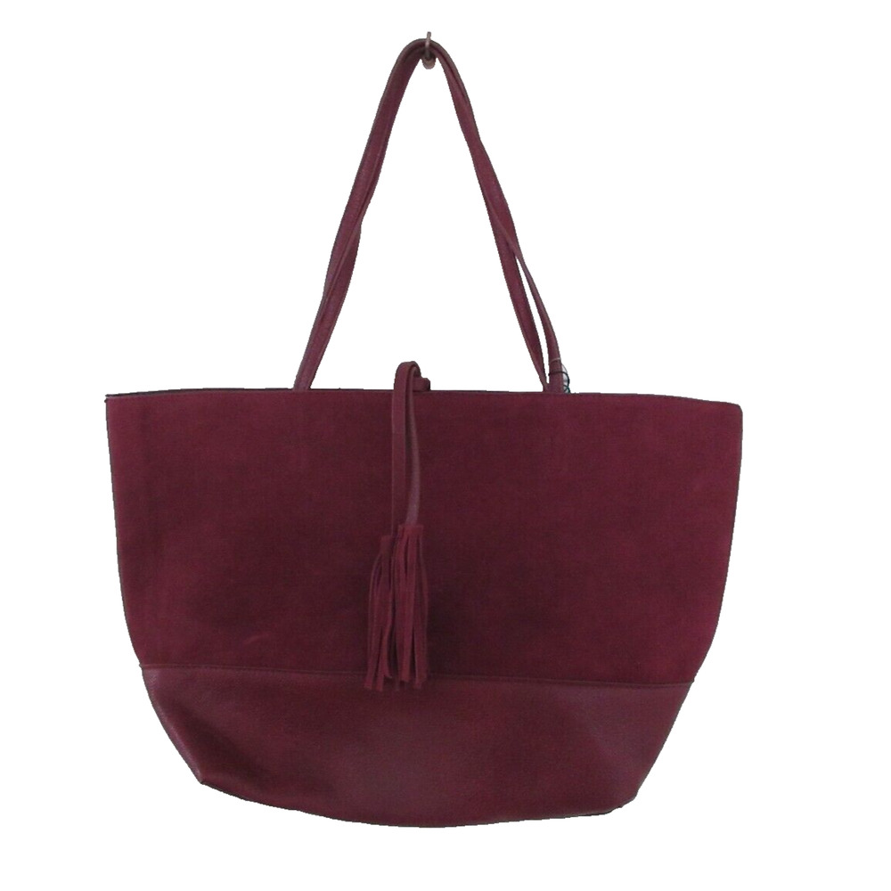 Street Level Reversible Faux Leather Tote BURGUNDY SUEDE TASSELS Black Interior